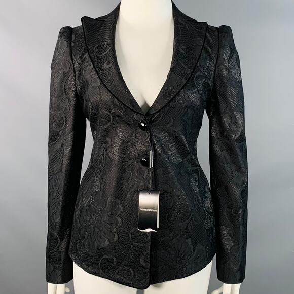 EMPORIO ARMANI Size 12 Black Polyester Blend Lace Peak Lapel Jacket Blazer - Picture 1 of 7